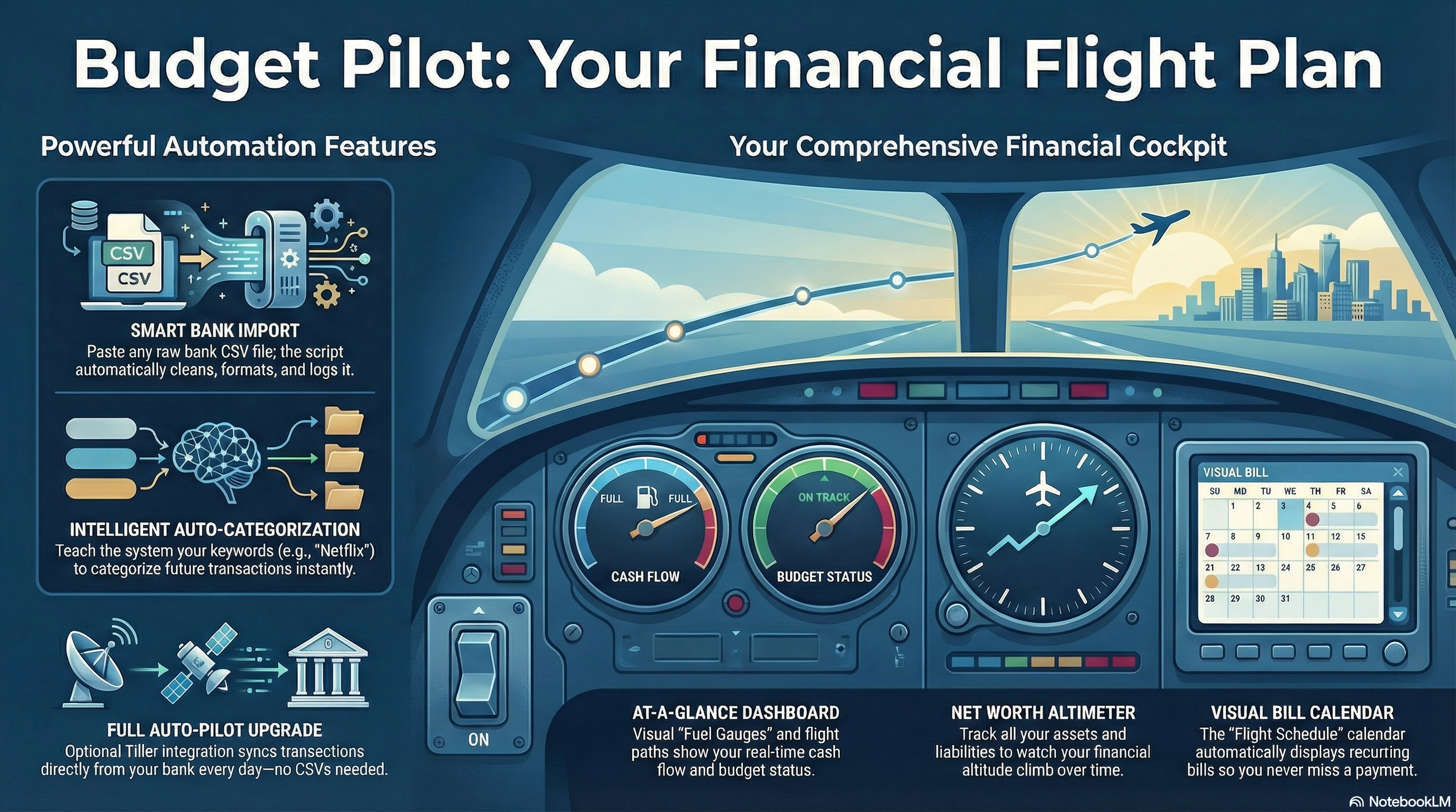 Budget Pilot Cockpit Infographic showing automated bank import and visual spending gauges